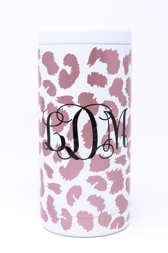 Treasure Island 12oz Monogram White/Rose Animal Print Can Cooler