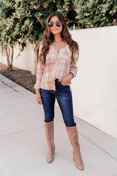 Sweet Disposition Blush Plaid Flannel Blouse