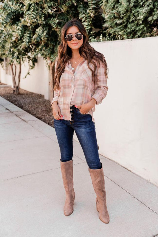 Sweet Disposition Blush Plaid Flannel Blouse