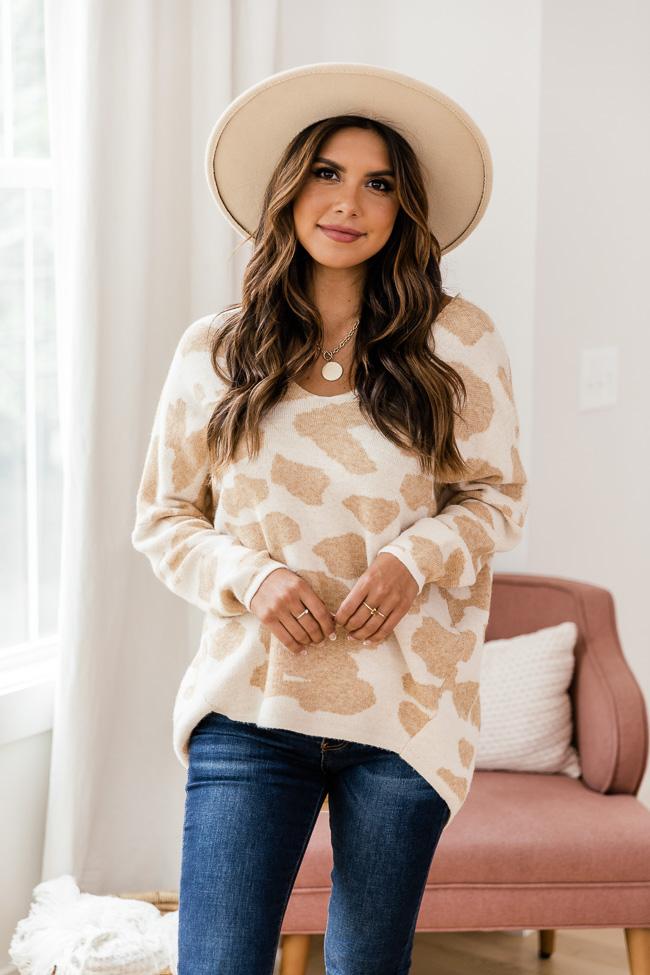 Call To You Taupe Animal Print Sweater