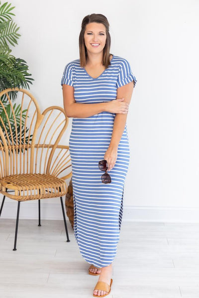 Set Yourself Free Blue/White Striped Maxi T-Shirt Dress