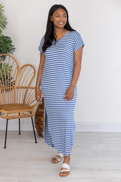 Set Yourself Free Blue/White Striped Maxi T-Shirt Dress