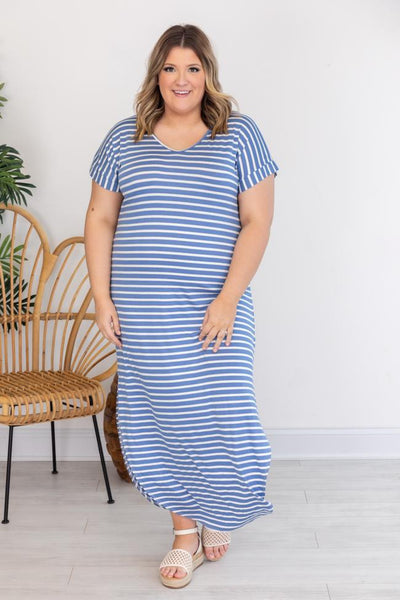 Set Yourself Free Blue/White Striped Maxi T-Shirt Dress