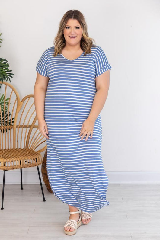 Set Yourself Free Blue/White Striped Maxi T-Shirt Dress