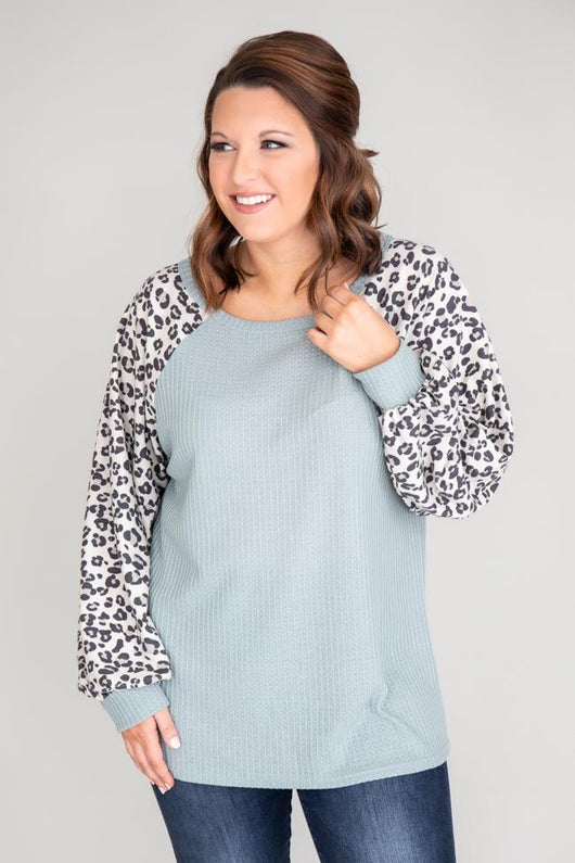 Fall from the Sky Animal Print Sleeve Waffle Blouse Sage