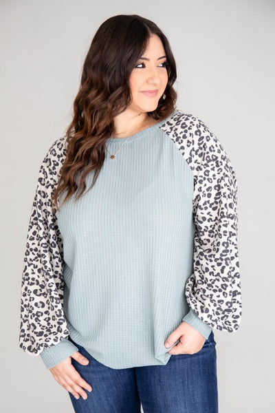 Fall from the Sky Animal Print Sleeve Waffle Blouse Sage