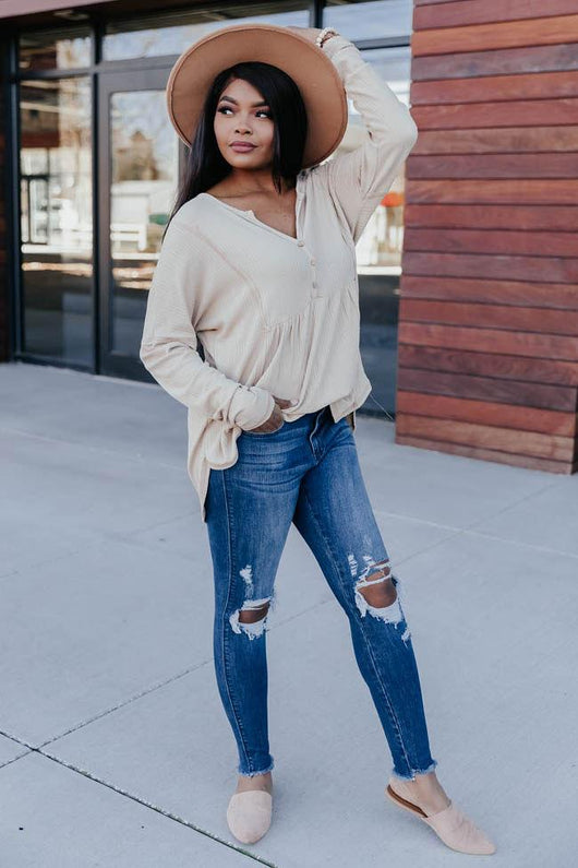 Beautiful Things Waffle Knit Taupe Blouse