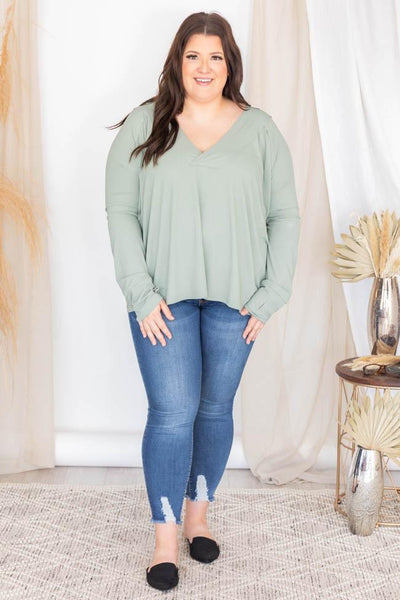 I'm A Believer V-Neck Blouse Sage