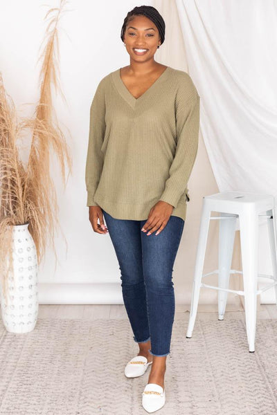 Dress To Impress Waffle Knit Olive Blouse