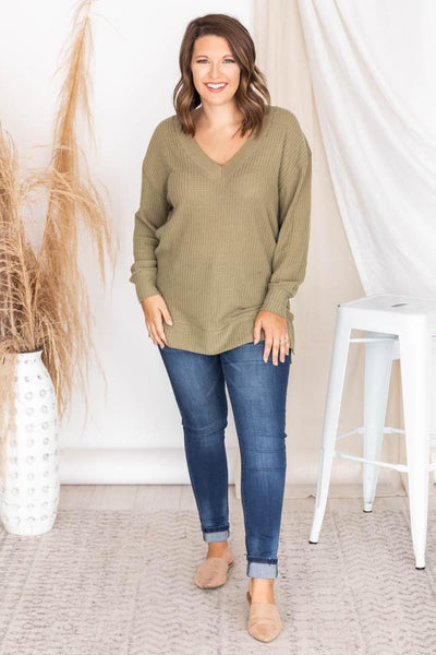 Dress To Impress Waffle Knit Olive Blouse