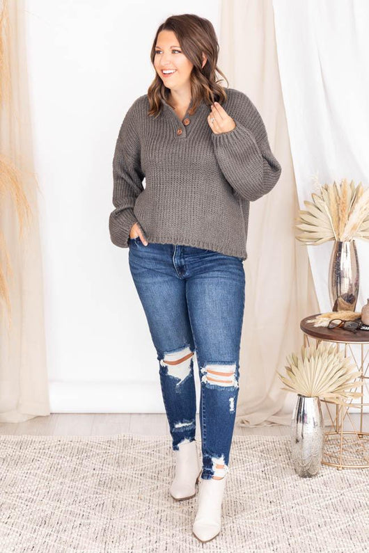 Kicked Back Charcoal Henley Sweater