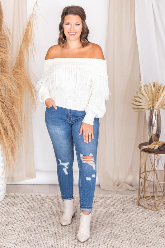 Go Your Own Way Fringe Sweater Cream