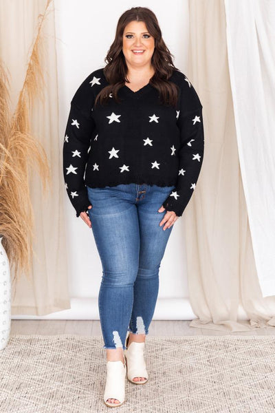 Midnight Stargazing Distressed Black Sweater