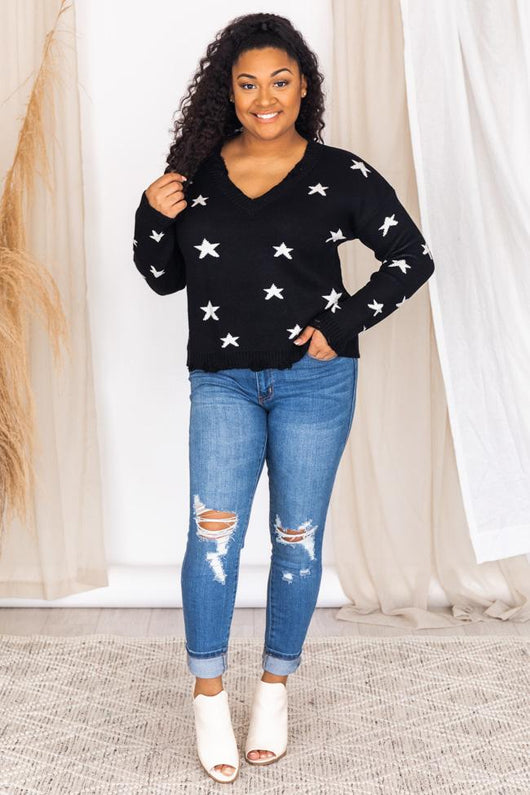 Midnight Stargazing Distressed Black Sweater