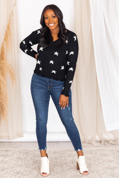 Midnight Stargazing Distressed Black Sweater