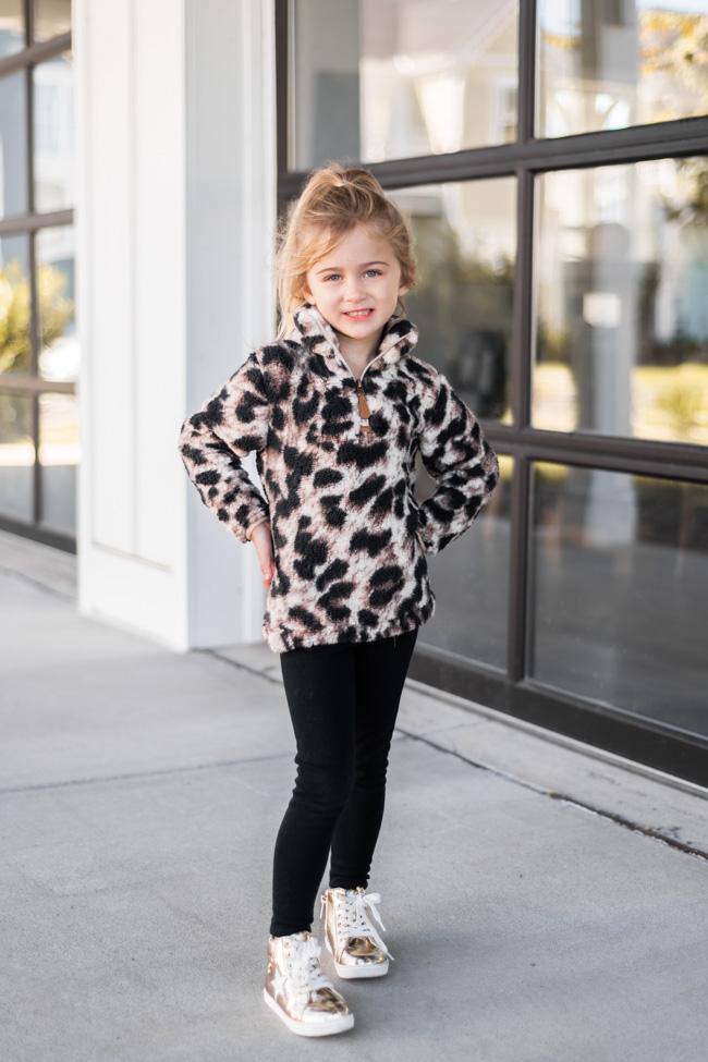 On The Prowl Kids Animal Print Brown Sherpa Pullover