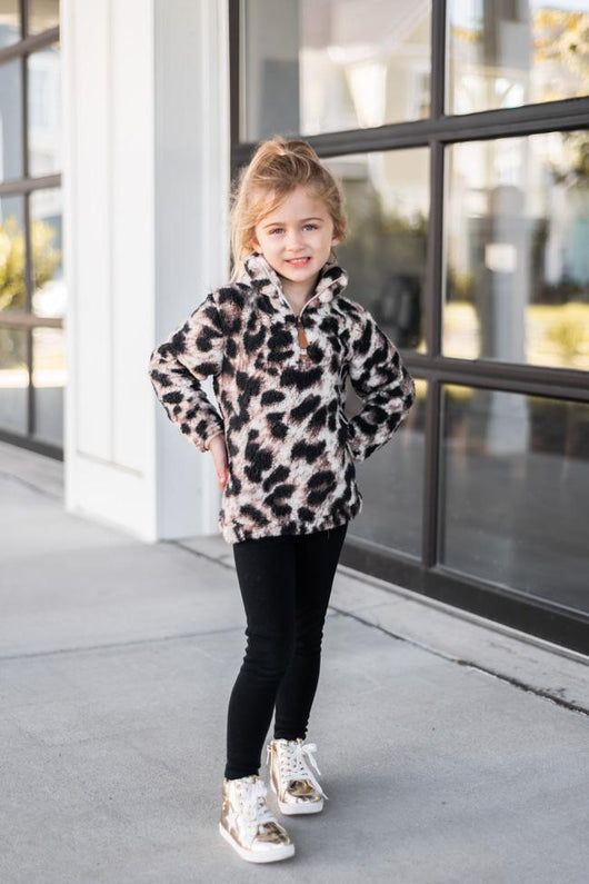 On The Prowl Kids Animal Print Brown Sherpa Pullover