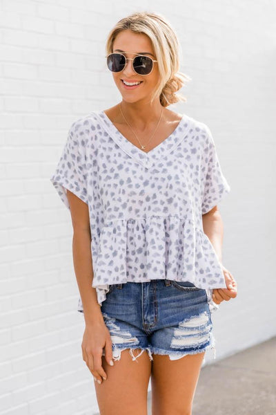 Never Serious Animal Print Peplum Grey Blouse FINAL SALE