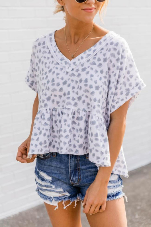 Never Serious Animal Print Peplum Grey Blouse FINAL SALE