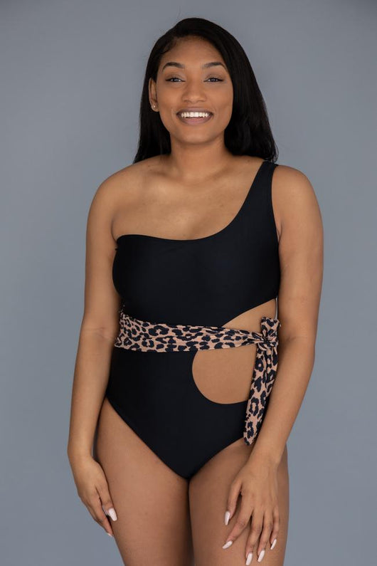 Tropical breeze One Shoulder Animal Print Black Swimsuit