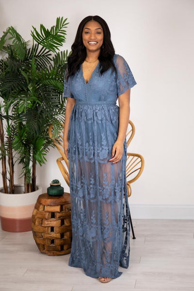 Crossing Paths Lace Maxi Blue Romper