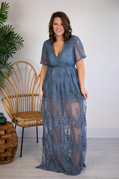 Crossing Paths Lace Maxi Blue Romper