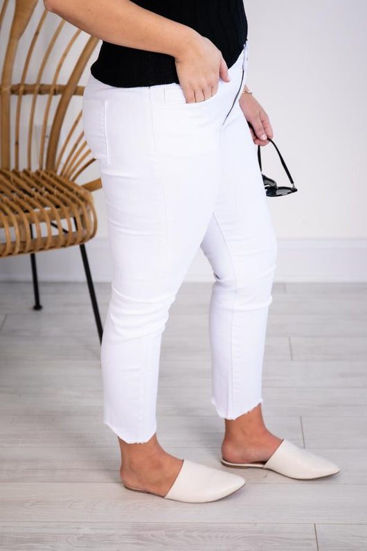 Ivy Mid Rise Raw Hem Crop White Jeans