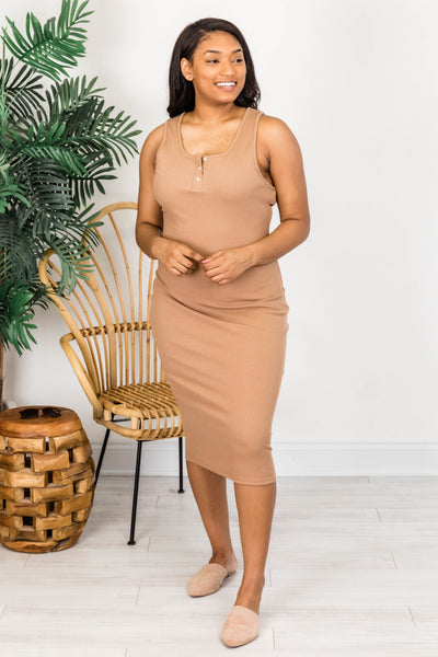 Wonderstruck Love Midi Taupe Ribbed Tank Dress