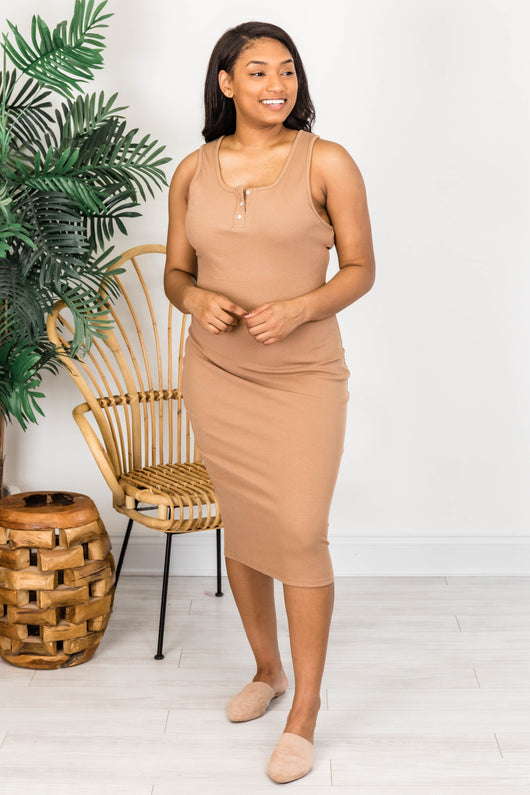 Wonderstruck Love Midi Taupe Ribbed Tank Dress