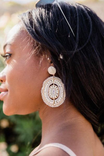 Elegant Evenings Await Ivory Oval Beaded Earrings