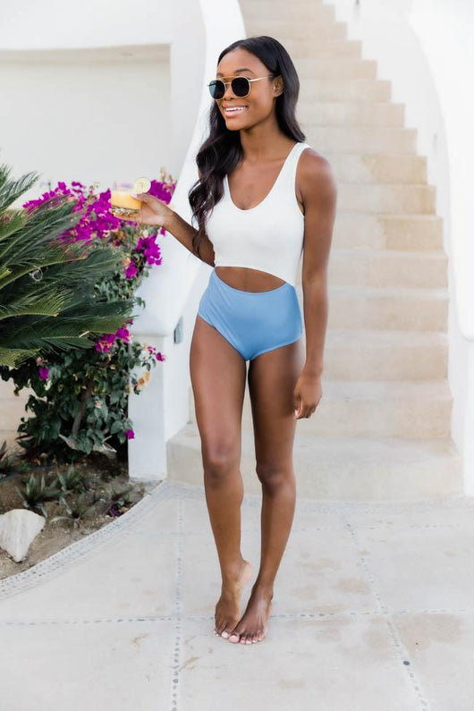 Tidal Waves Cutout Blue Ribbed One Piece Swimsuit