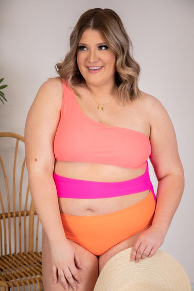 Radiant Sunburst Cutout One Shoulder Colorblock Pink Swimsuit