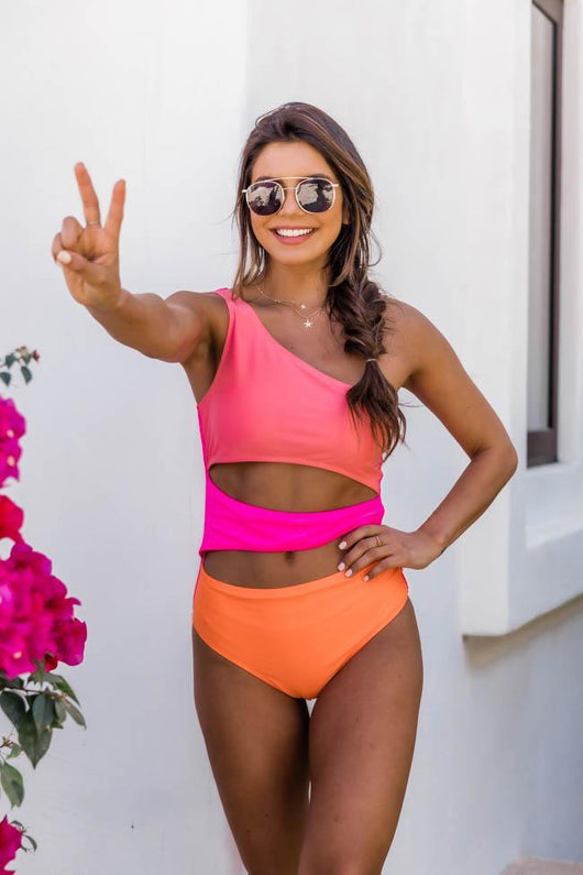 Radiant Sunburst Cutout One Shoulder Colorblock Pink Swimsuit