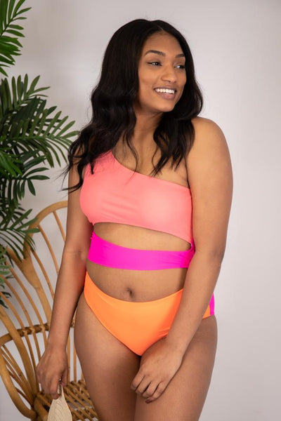 Radiant Sunburst Cutout One Shoulder Colorblock Pink Swimsuit
