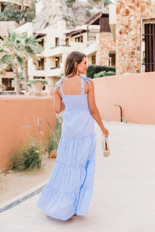CAITLIN COVINGTON X PINK LILY The Santorini Striped Blue/White Maxi Dress