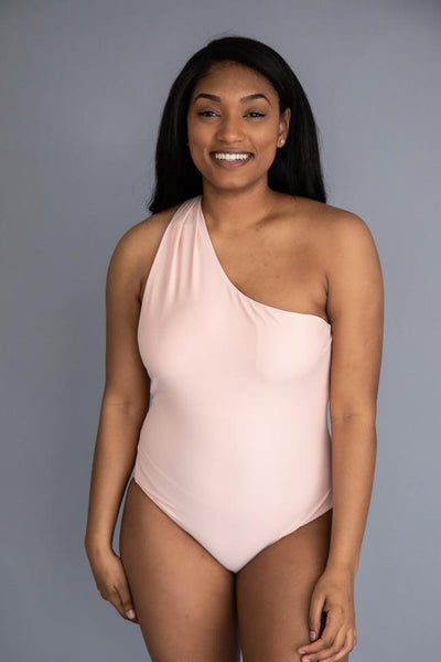 CAITLIN COVINGTON X PINK LILY The Capri One Shoulder Blush Open Back Swimsuit