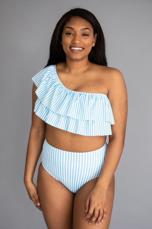 CAITLIN COVINGTON X PINK LILY The Bermuda One Shoulder Striped Blue Ruffle Bikini Top