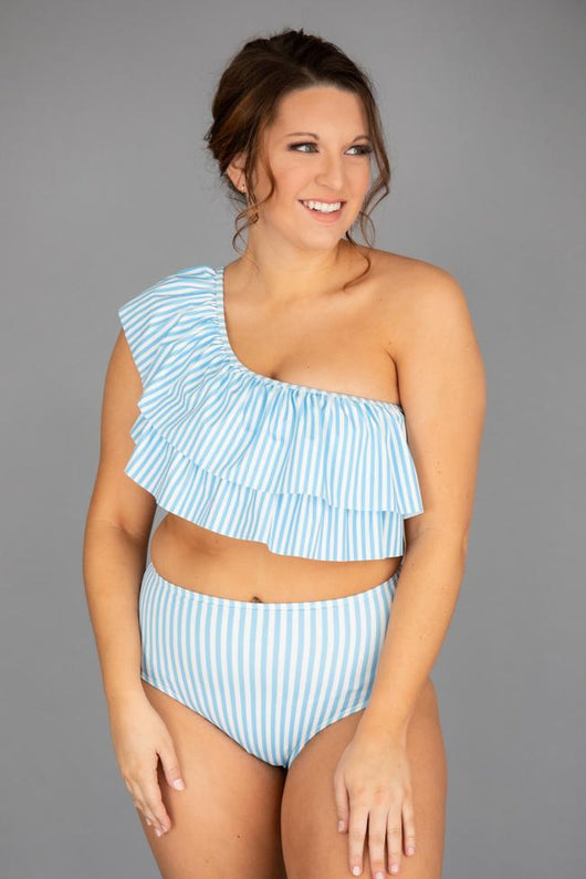 CAITLIN COVINGTON X PINK LILY The Bermuda One Shoulder Striped Blue Ruffle Bikini Top