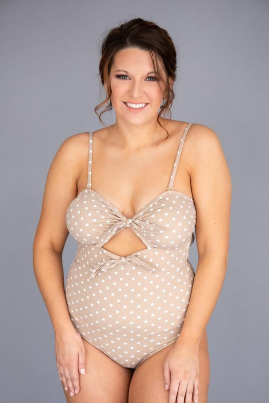 CAITLIN COVINGTON X PINK LILY Cozumel Cutout Polka Dot Taupe Swimsuit