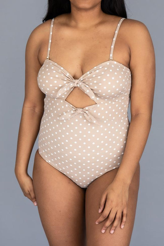 CAITLIN COVINGTON X PINK LILY Cozumel Cutout Polka Dot Taupe Swimsuit