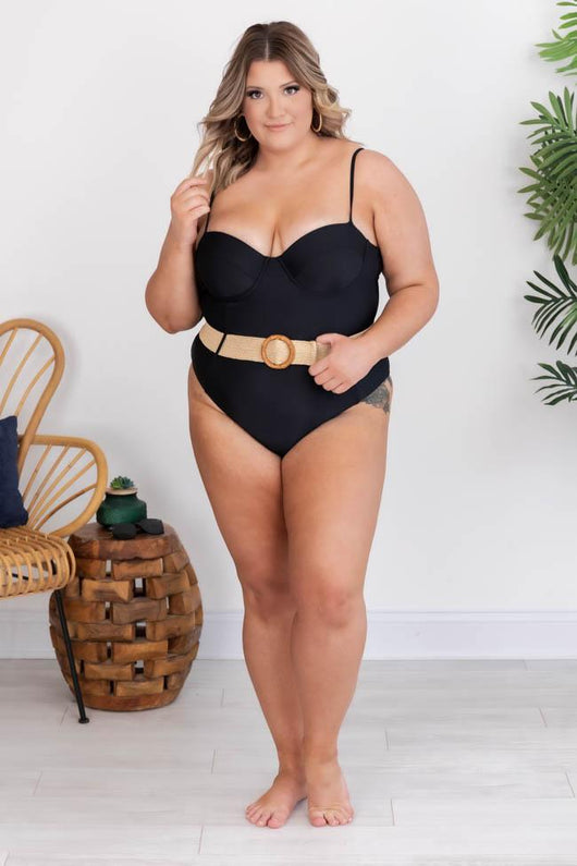 CAITLIN COVINGTON X PINK LILY The Sorrento Underwire Black Belted One Piece Swimsuit
