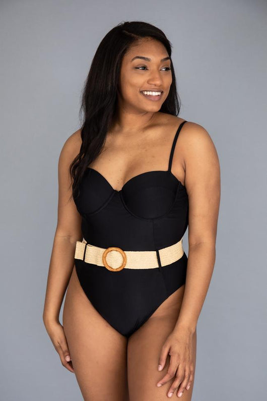 CAITLIN COVINGTON X PINK LILY The Sorrento Underwire Black Belted One Piece Swimsuit