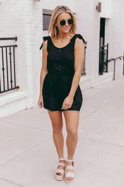 Saturday Afternoon Black Tie Strap Button Romper