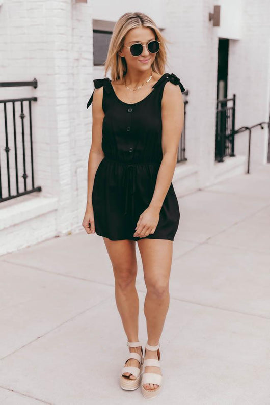 Saturday Afternoon Black Tie Strap Button Romper