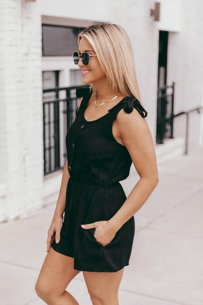 Saturday Afternoon Black Tie Strap Button Romper