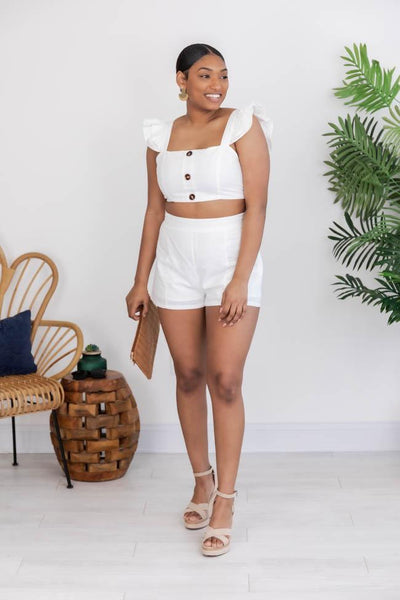 CAITLIN COVINGTON X PINK LILY The Wilmington Button Front Cropped White Blouse