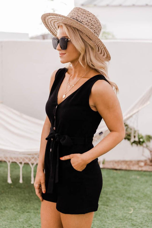 Ready To Roll Button Front Tie Waist Black Romper