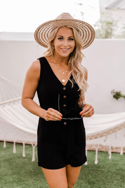 Ready To Roll Button Front Tie Waist Black Romper