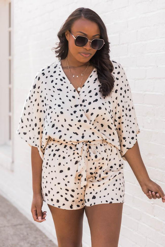 Making A Change Spotted Kimono Taupe Romper
