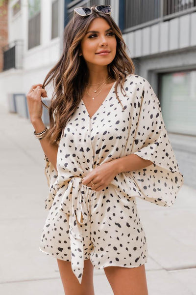 Making A Change Spotted Kimono Taupe Romper